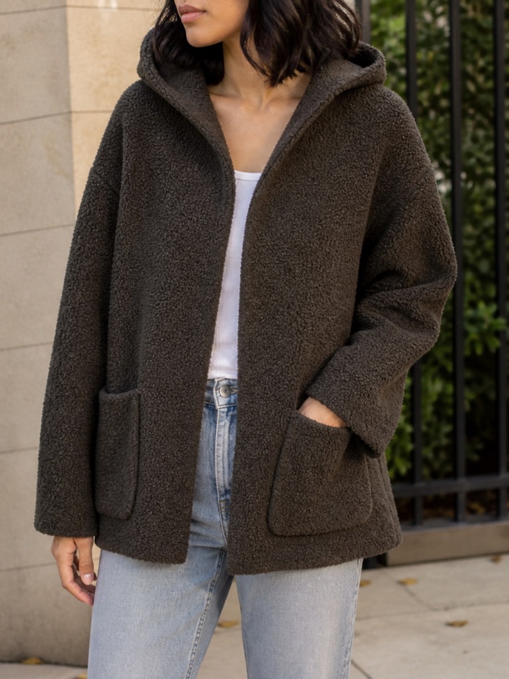 Max Studio Bouclé Hooded Cardigan Coat Olive Brown Open Front Cozy Jacket, Small
